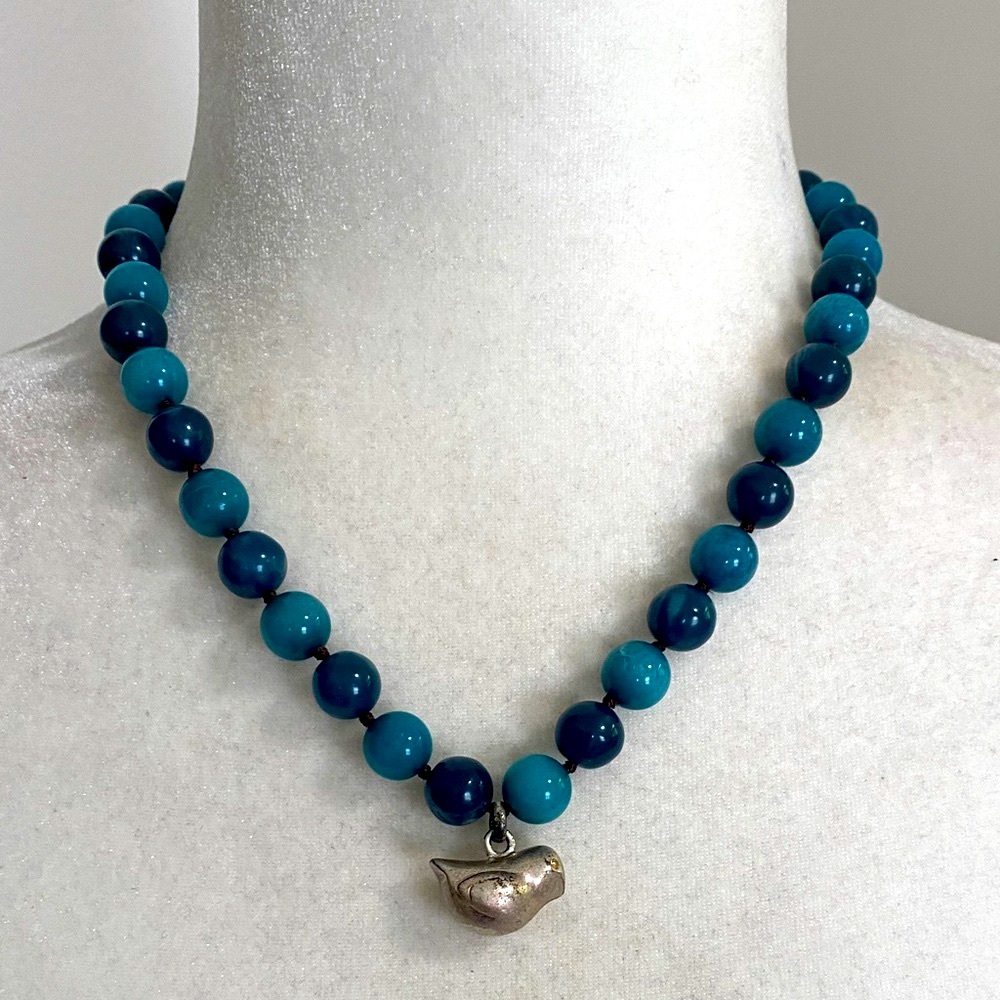 Fossil Teal Blue Agate Bead Necklace Silver Bird Charm Chunky Boho Stone